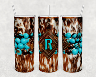 Cowhide and Turquoise Cowhide with Initials 20oz Tumbler