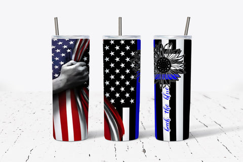 Blue Line American Flag with Flower Tumbler