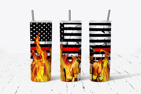 Firefighter American Flag Red Line Flames Tumbler