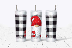 Gnome with Present Black and White Buffalo Plaid 20oz Tumbler