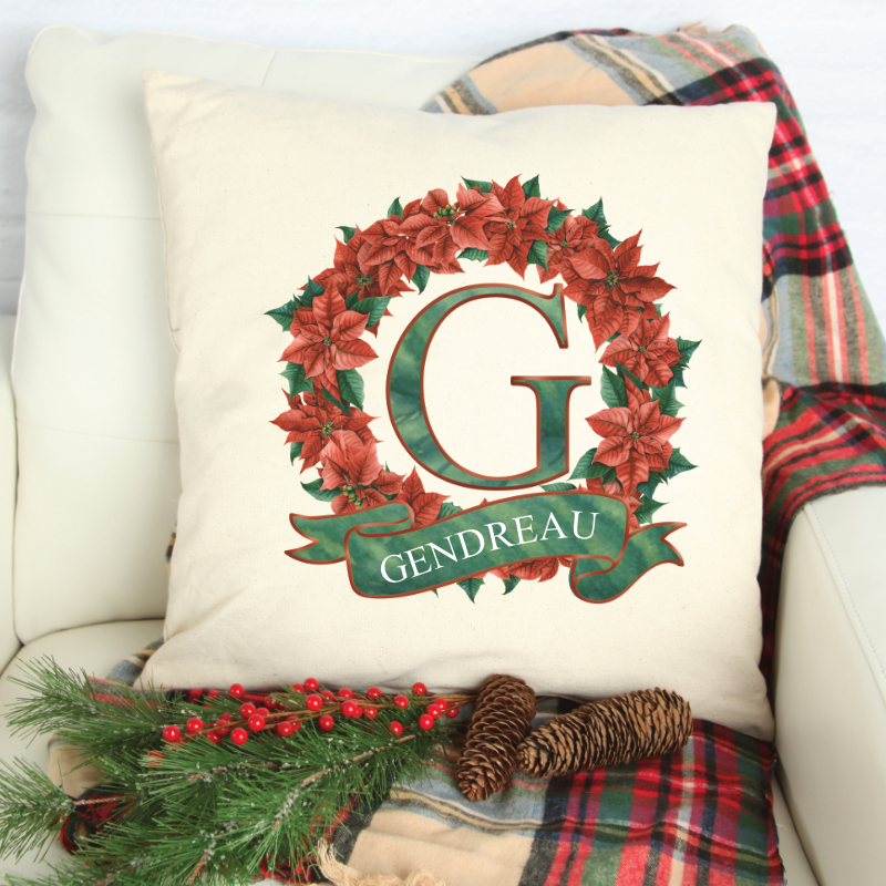 Watercolor Poinsetta Monogram Wreath Pillow