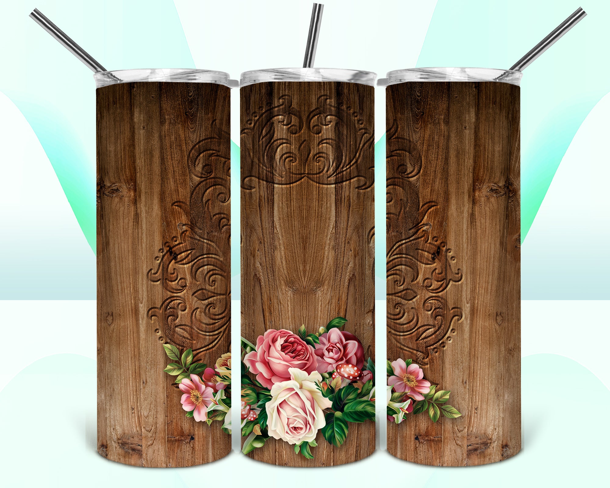 Wood Design with Flowers 20oz Tumbler